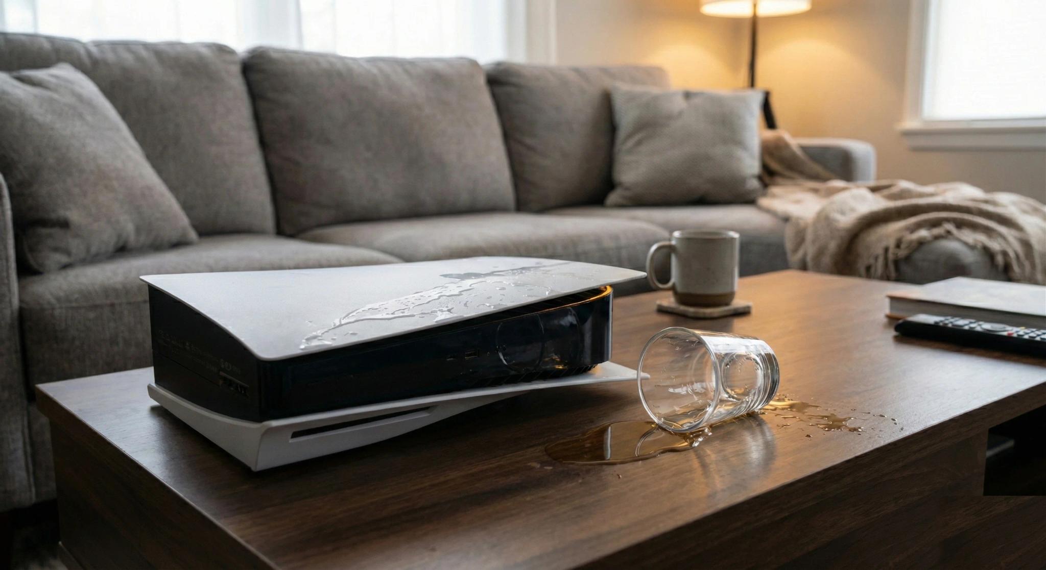 PS5 console on a living room table with water spilled on it from a tipped glass - liquid damage that needs immediate professional repair