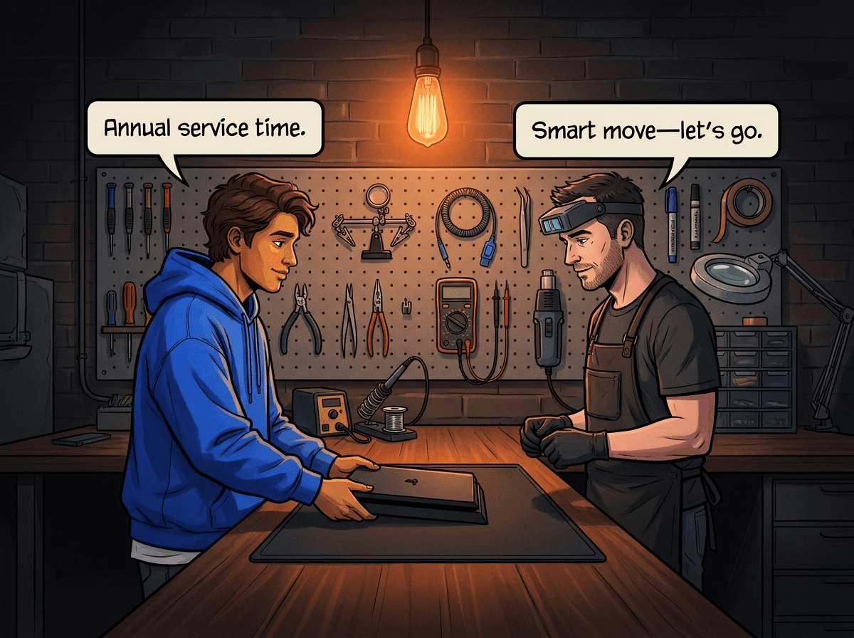 Illustrated graphic-novel scene of a Coloured South African male in his mid-20s in an oversized electric blue hoodie setting a PS4 Slim on a modern repair workshop bench; the recurring white male technician in a dark apron nods. Customer speech bubble reads: 'Annual service time.' Tech speech bubble reads: 'Smart move—let's go.'