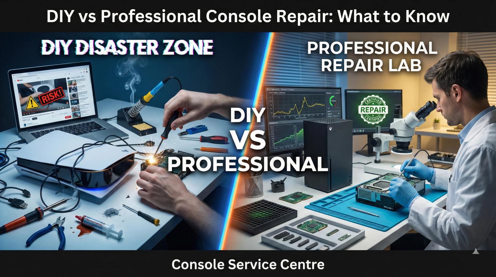 DIY console repair disaster zone versus professional repair lab - comparison showing the risks of amateur repairs