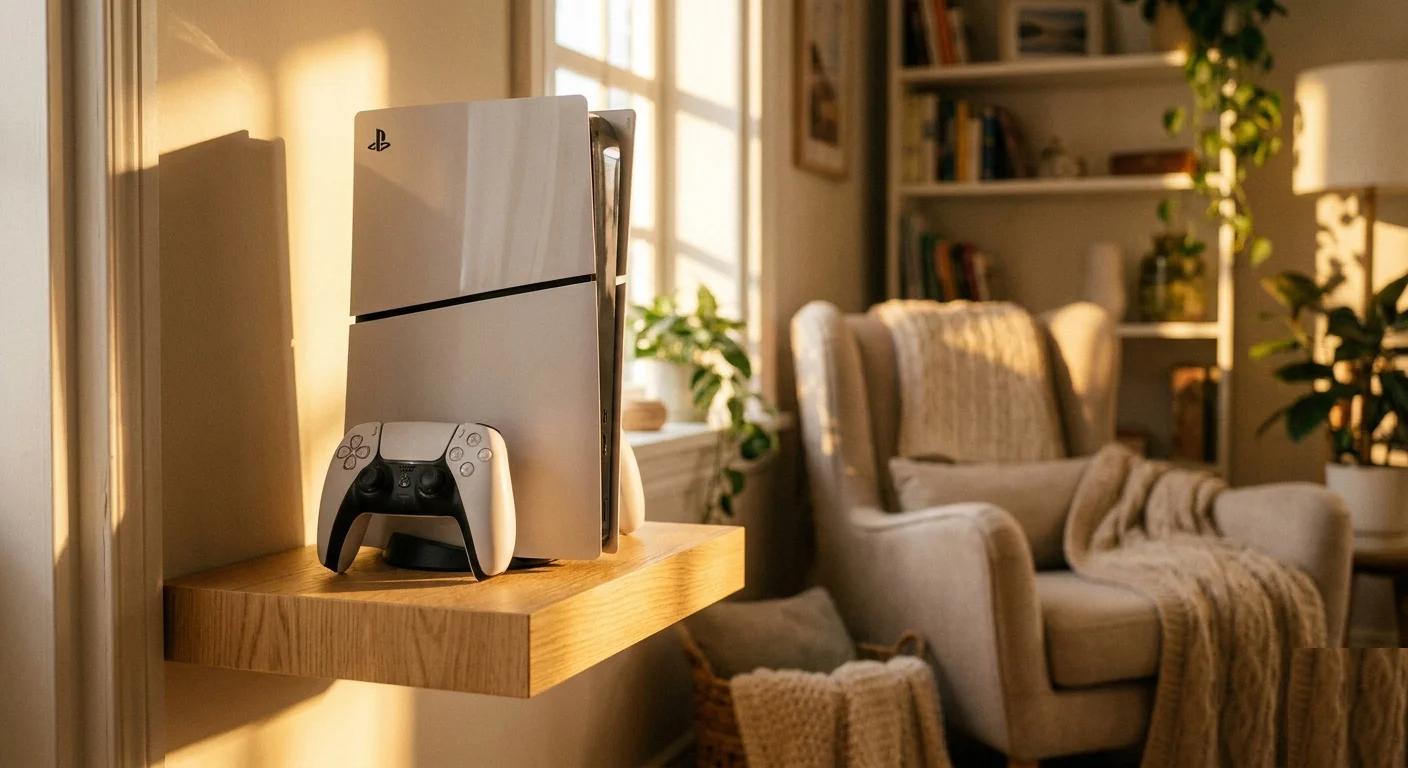 PS5 console on a warm wooden shelf in a modern living room — dropped console repair guide