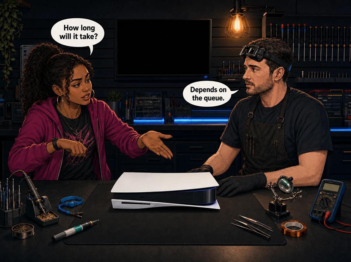 Illustrated graphic-novel scene of a Coloured South African woman in a magenta hoodie beside a PS5 lying flat on the repair bench