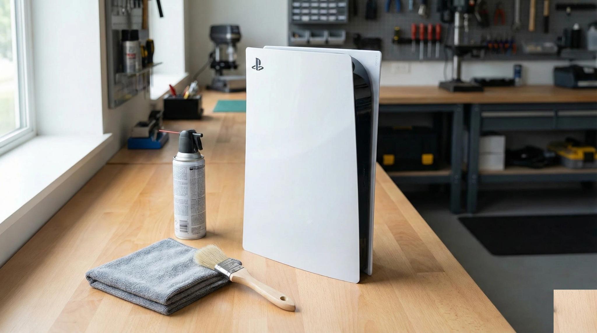 PS5 console on a workshop bench with compressed air, microfibre cloth and soft brush ready for safe cleaning