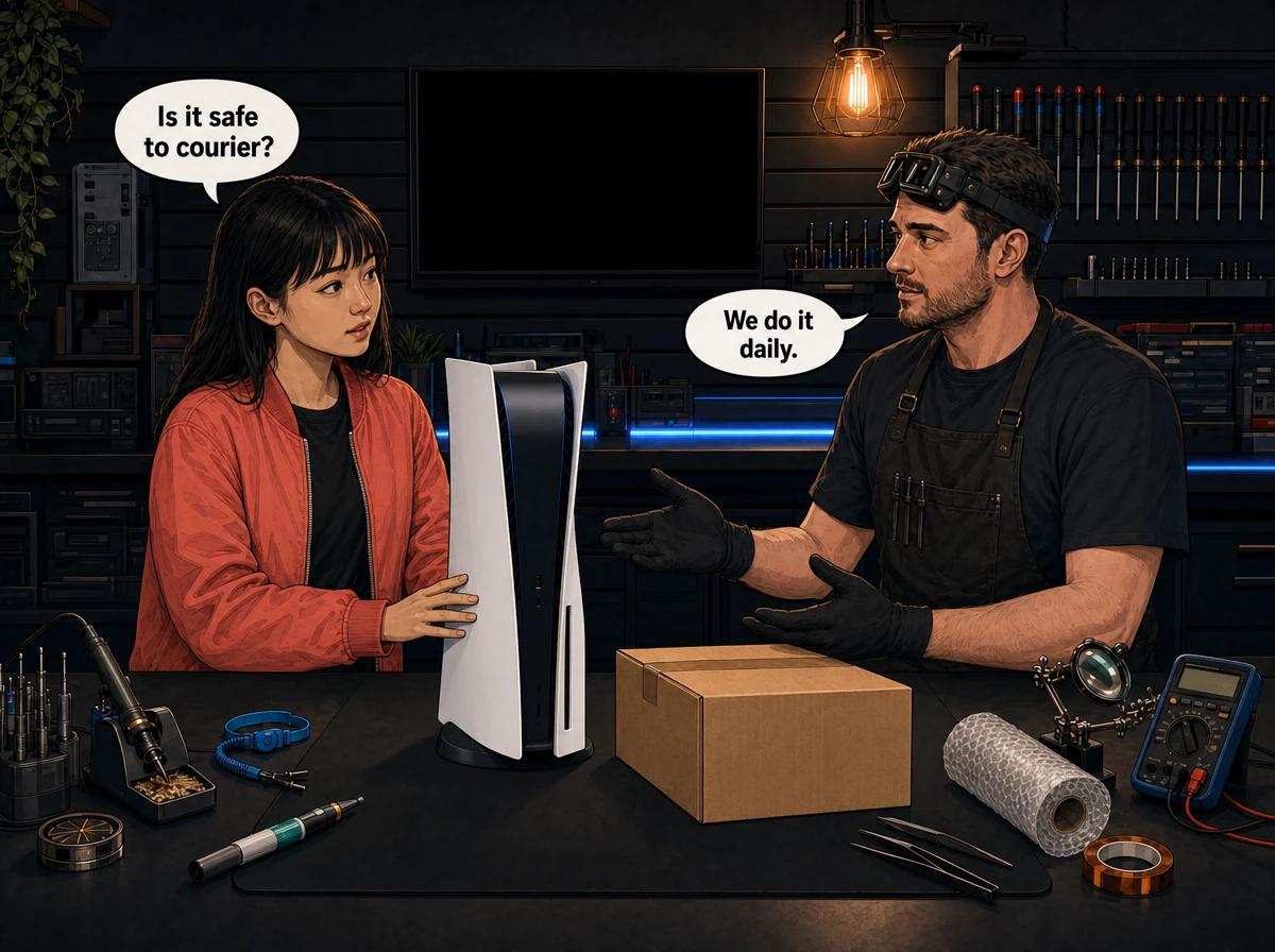 Illustrated graphic-novel scene of an East Asian South African woman in a coral jacket and a technician discussing safely couriering her PS5 packed in a box on the workshop bench