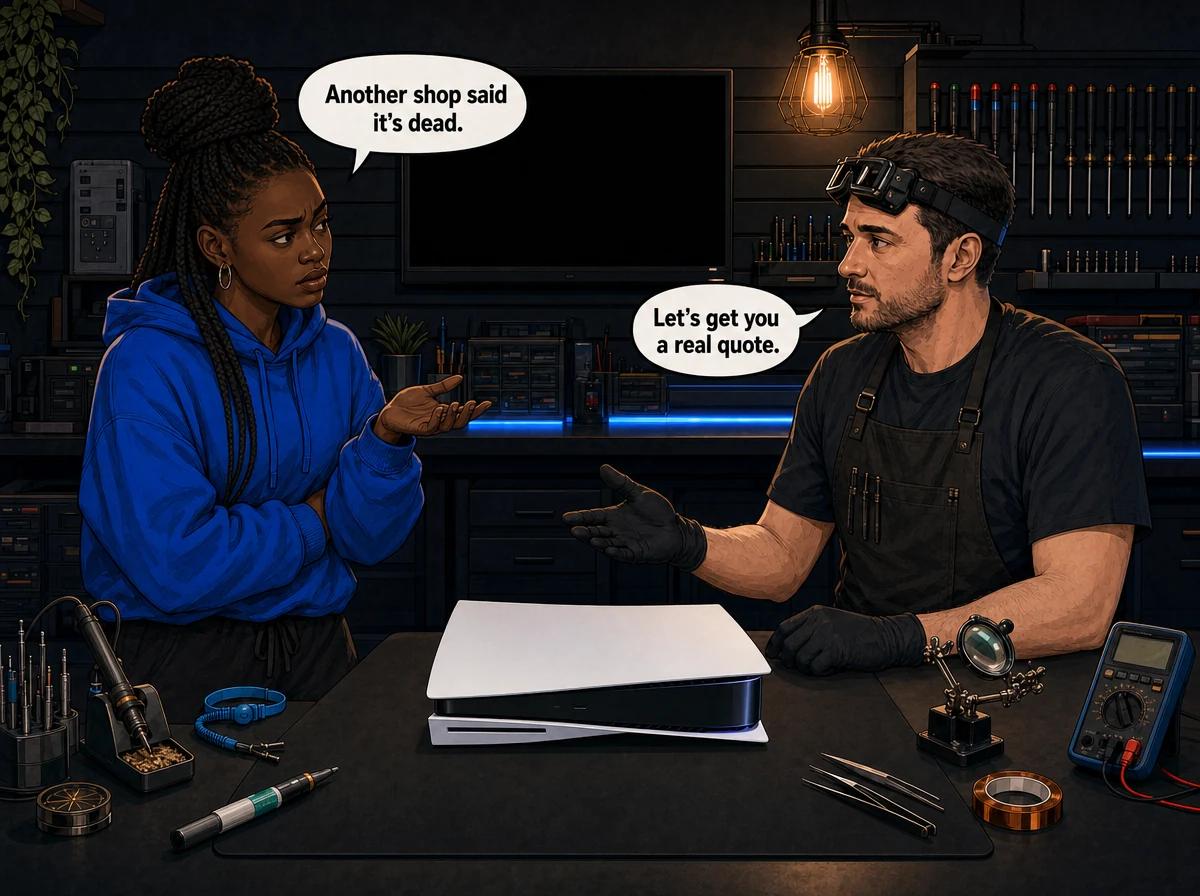 Illustrated graphic-novel scene of a black South African woman with braids in a high bun, doubting another shop's verdict as a technician offers a real quote beside a PS5