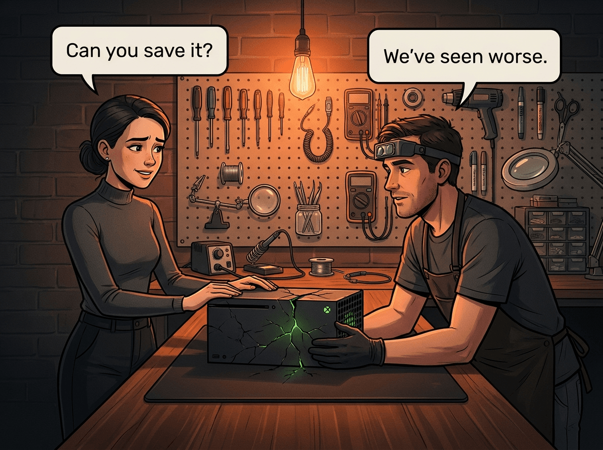 Illustrated graphic-novel scene of a worried customer handing a cracked Xbox Series X to a Console Service Centre technician in a moody electronics repair workshop, with speech bubbles reading 'Can you save it?' and 'We've seen worse.'