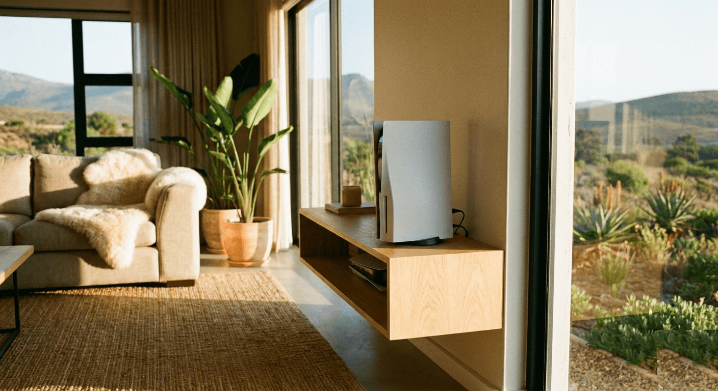 PS5 console on a modern TV unit in a cosy South African living room with warm afternoon light