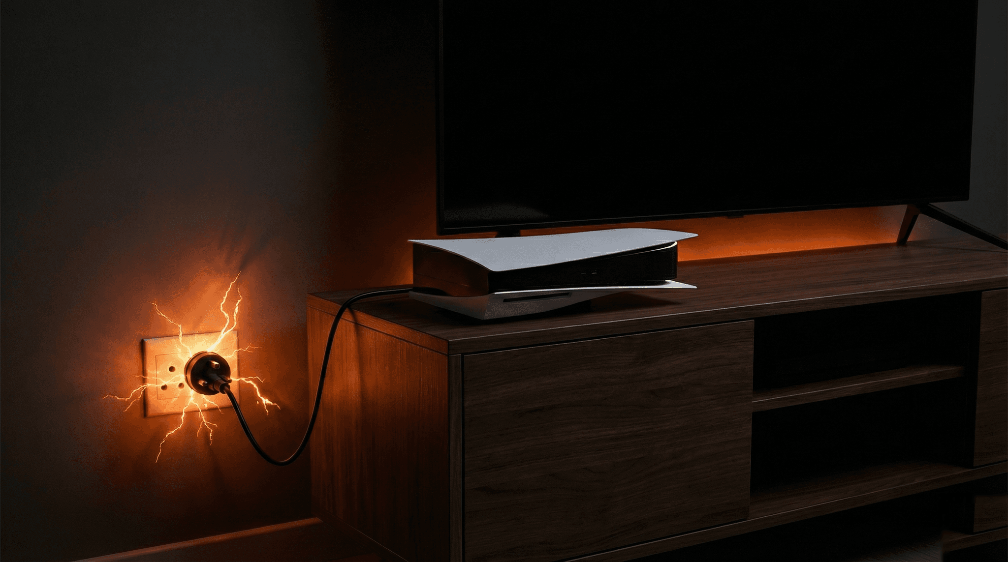 A PS5 console on a TV stand with electrical sparks surging from the wall socket — showing how load shedding power surges damage gaming consoles in South Africa