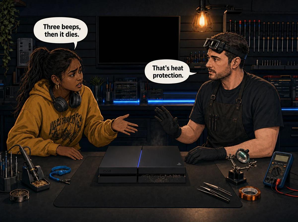Illustrated graphic-novel scene of an Indian South African gamer and a technician diagnosing a dusty PS4 3 beeps of death fault