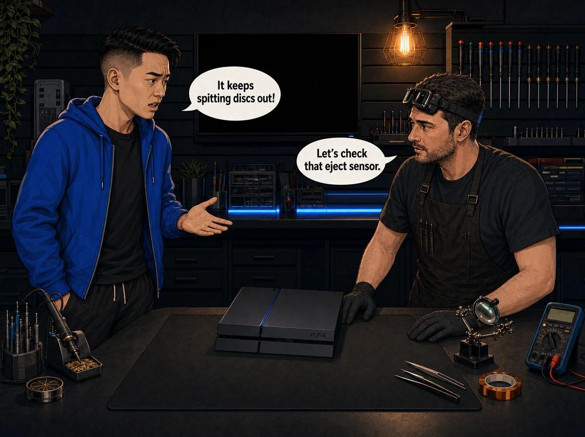 Illustrated graphic-novel scene of an East Asian South African man in a blue hoodie pointing at his disc-ejecting PS4 while a technician inspects it