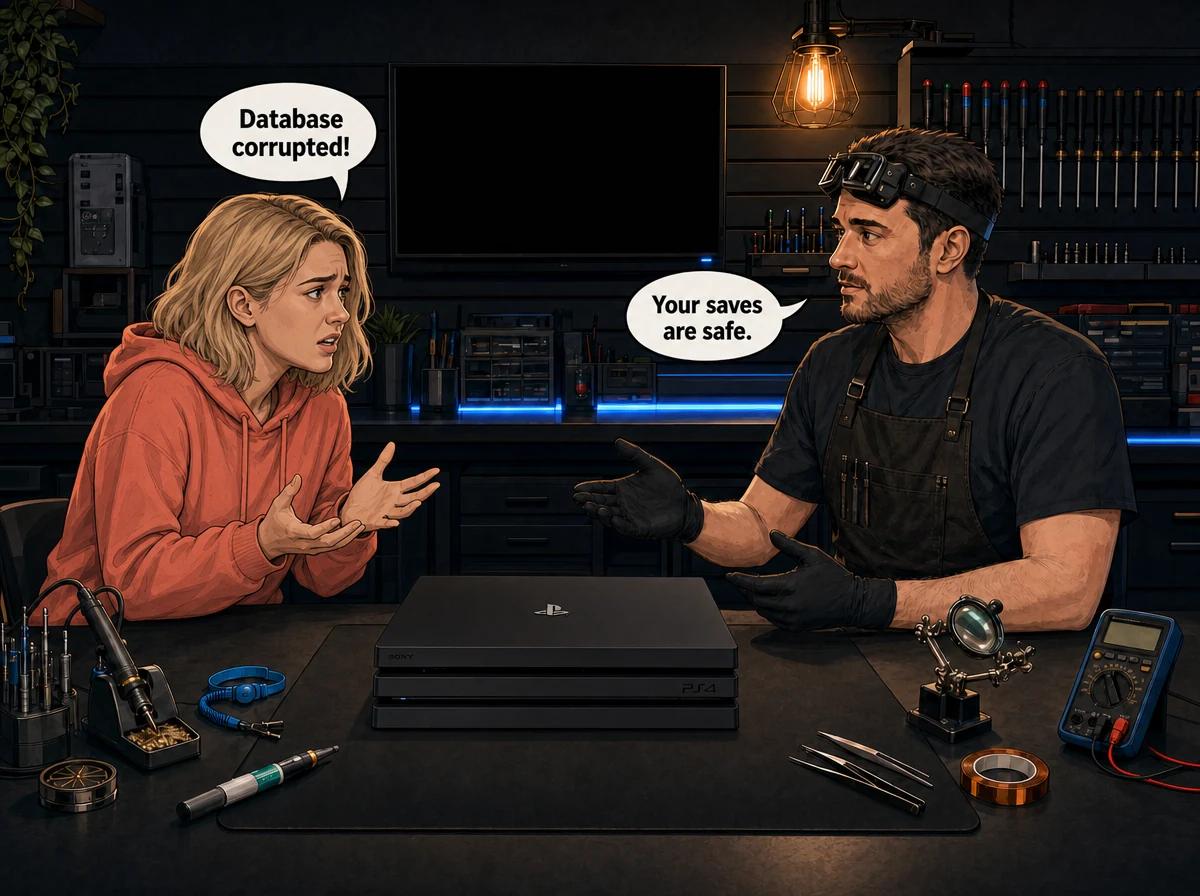 Illustrated graphic-novel scene of a white South African woman in a coral hoodie and a technician talking over a PS4 Pro on the workshop bench