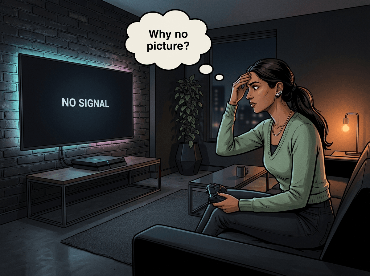 Illustrated graphic-novel scene of an Indian South African woman sitting on her couch in a modern Joburg apartment, controller in hand, looking at a wall-mounted TV showing NO SIGNAL with her PS4 powered on below it. Thought bubble reads 'Why no picture?'