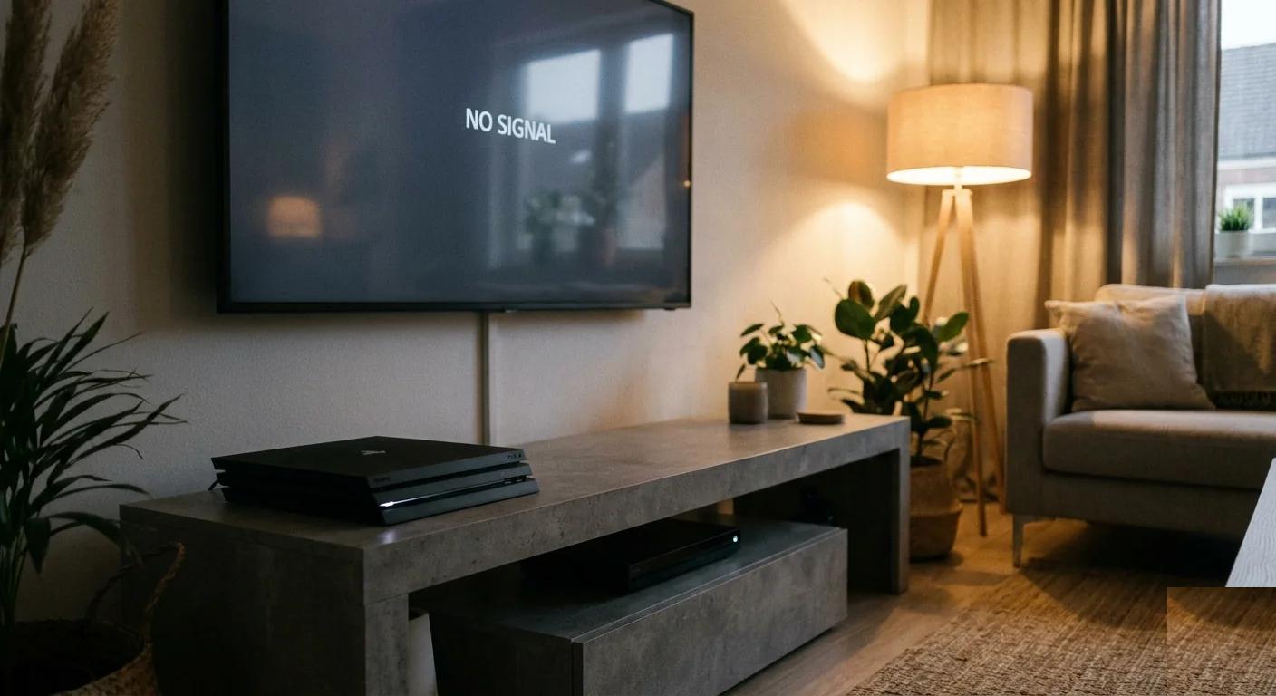 PS4 Pro connected to a wall-mounted TV displaying NO SIGNAL — the classic symptom of HDMI port damage