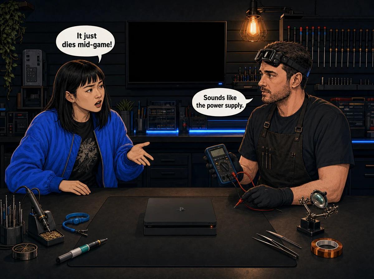 Illustrated graphic-novel scene of an East Asian South African woman in a blue bomber jacket telling a technician with a multimeter that her PS4 Slim dies mid-game