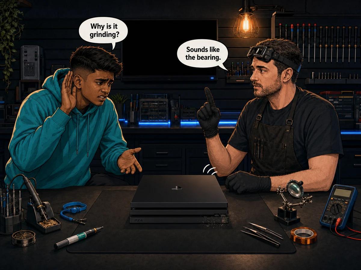 Illustrated graphic-novel scene of a young Indian South African man in a teal hoodie asking a technician about a noisy PS4 Pro on the workshop bench