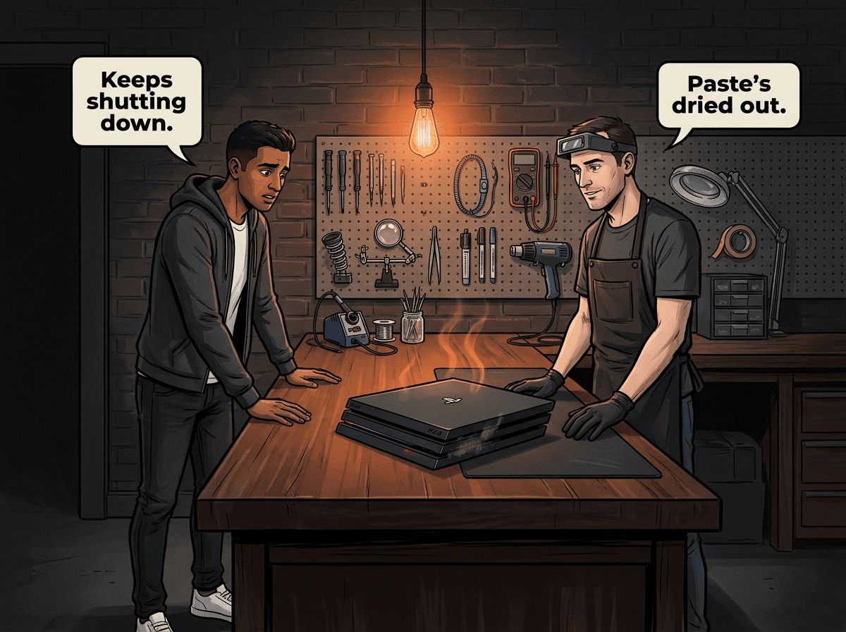 Illustrated graphic-novel scene of a young Indian South African man in smart casual clothes standing at a repair workshop bench, looking concerned at his PS4 Pro. Heat shimmer rises from the console vents. The technician inspects it. Speech bubbles read 'Keeps shutting down.' and 'Thermal paste is done.'