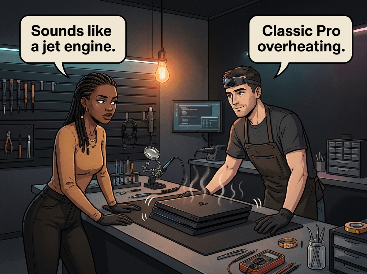 Illustrated graphic-novel scene of a black South African woman in her late 20s bringing her overheating PS4 Pro to a Console Service Centre technician in a modern repair workshop. Heat shimmer rises from the matte-black double-stacked PS4 Pro on the bench. Speech bubbles read 'Sounds like a jet engine.' and 'Classic Pro overheating.'