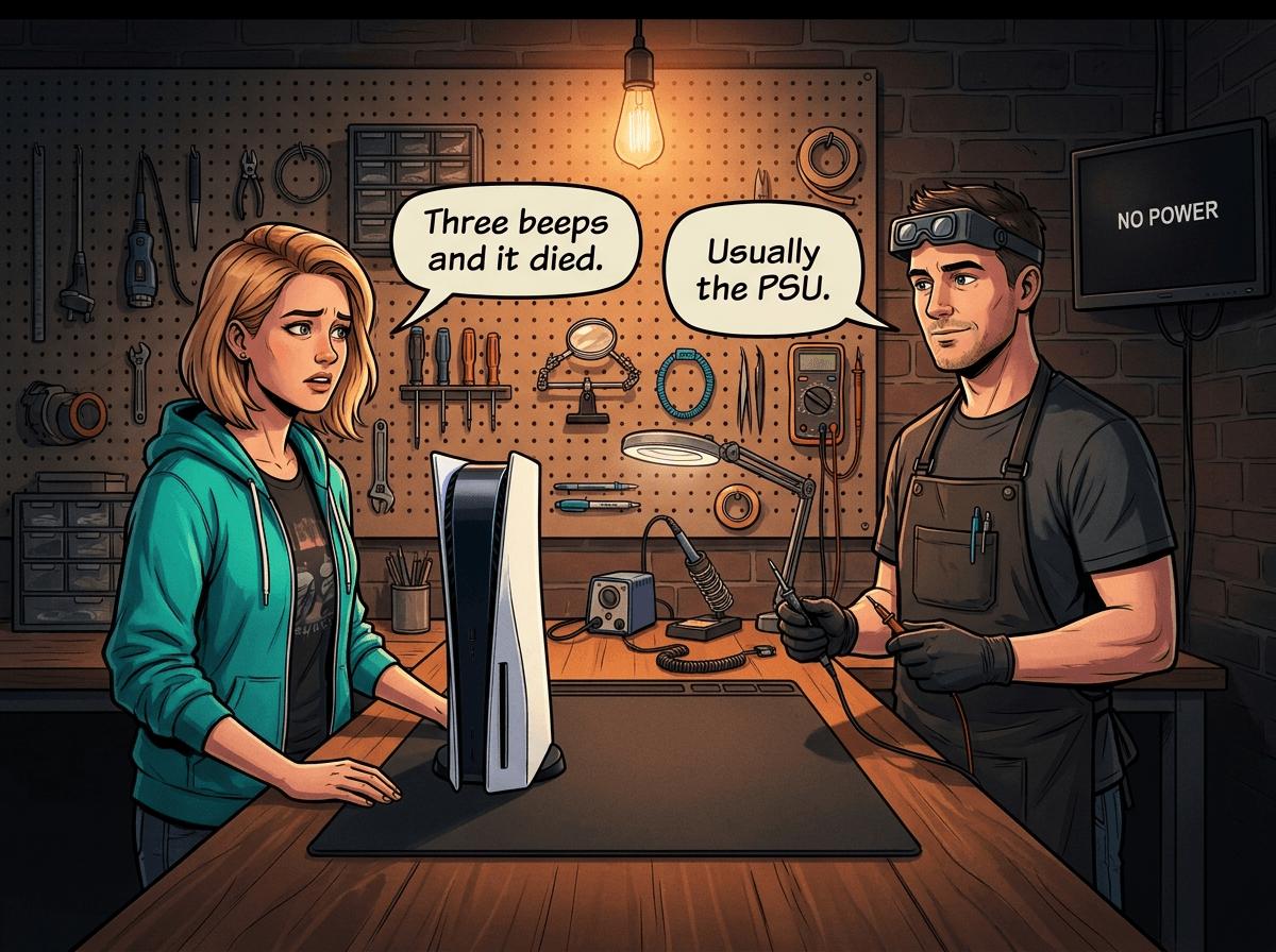 Illustrated graphic-novel scene of a White SA female gamer in a teal hoodie placing a PS5 on the repair bench, speech bubbles: 'Three beeps and it died.' / 'Usually the PSU.'