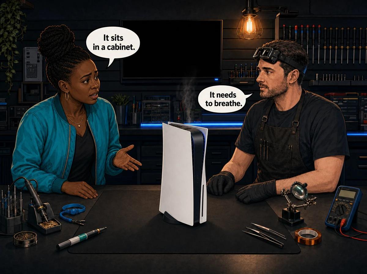Illustrated graphic-novel scene of a black South African woman and a technician looking at an overheated PS5 on the workshop bench
