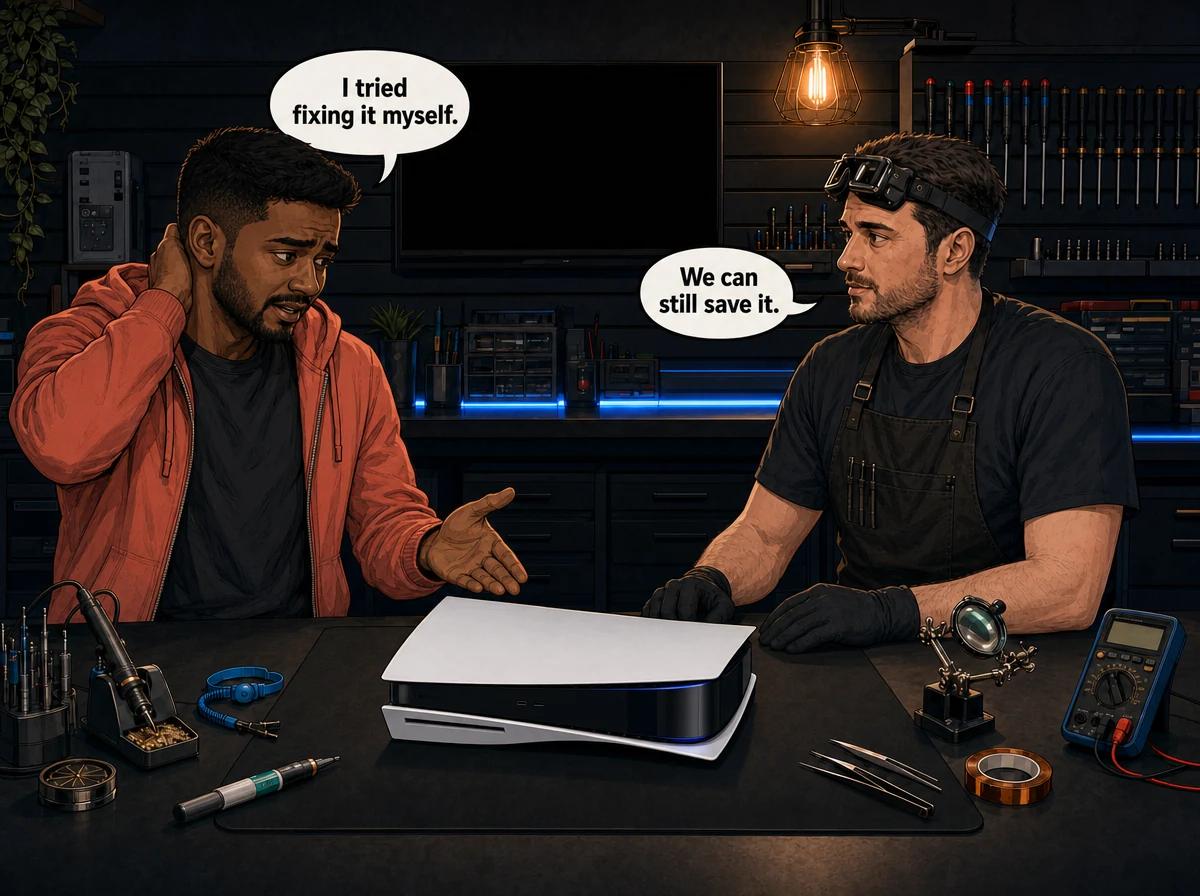 Illustrated graphic-novel scene of an Indian South African man in a coral hoodie standing sheepishly beside his powered-off PS5 as a technician reassures him at a repair bench