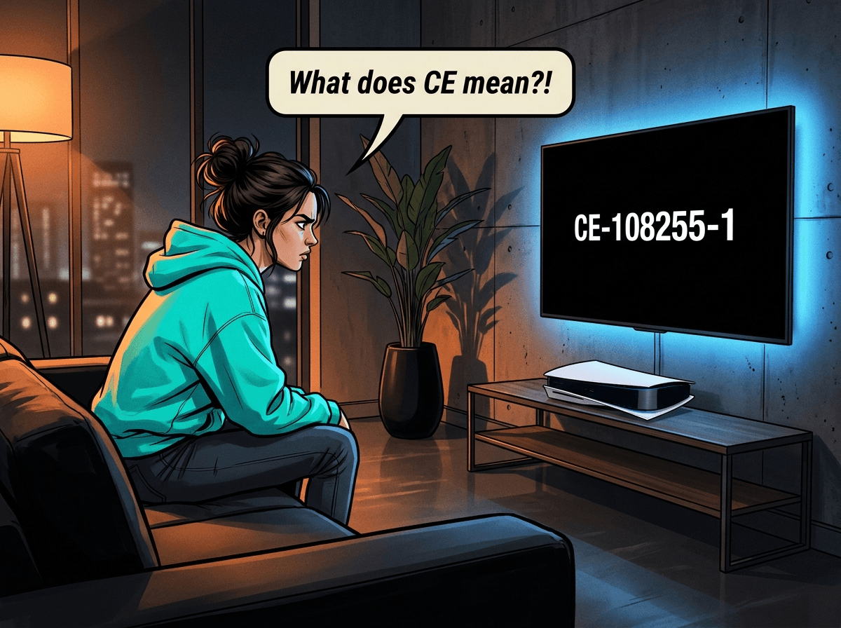 Illustrated graphic-novel scene of a stylish white South African woman in her late 20s in a modern Joburg apartment lounge, sitting on a dark couch staring at her TV in frustration. The wall-mounted TV displays a PS5 error code screen. A speech bubble reads: 'What does CE even mean?'