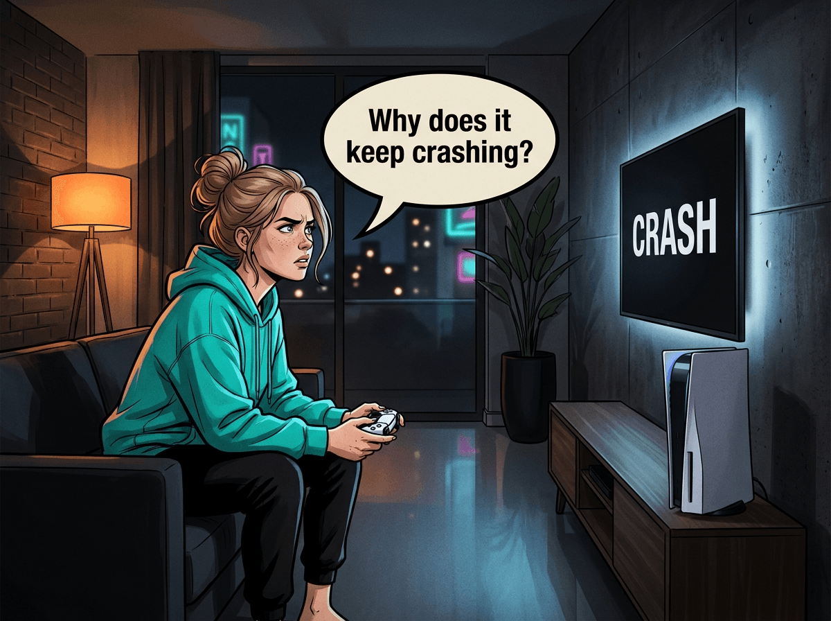 Illustrated graphic-novel scene of a young white South African woman in her late 20s in a teal hoodie, seated on a dark couch in a moody Joburg apartment lounge holding a DualSense controller, staring in frustration at a wall-mounted TV showing 'CRASH' next to a PS5 Disc Edition on the TV unit. A speech bubble reads: 'Why does it keep crashing?'