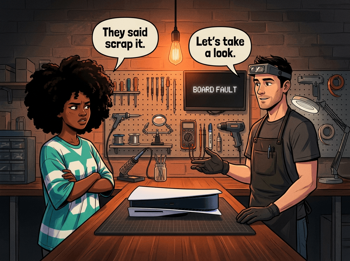 Illustrated graphic-novel scene of a young Black South African woman in her mid-20s wearing a teal-and-white oversized graphic tee at a modern repair workshop bench, looking sceptical as the recurring white male technician in dark apron gestures at a PS5 disc console between them. Customer speech bubble reads: 'They said scrap it.' Tech speech bubble reads: 'Let's take a look.'