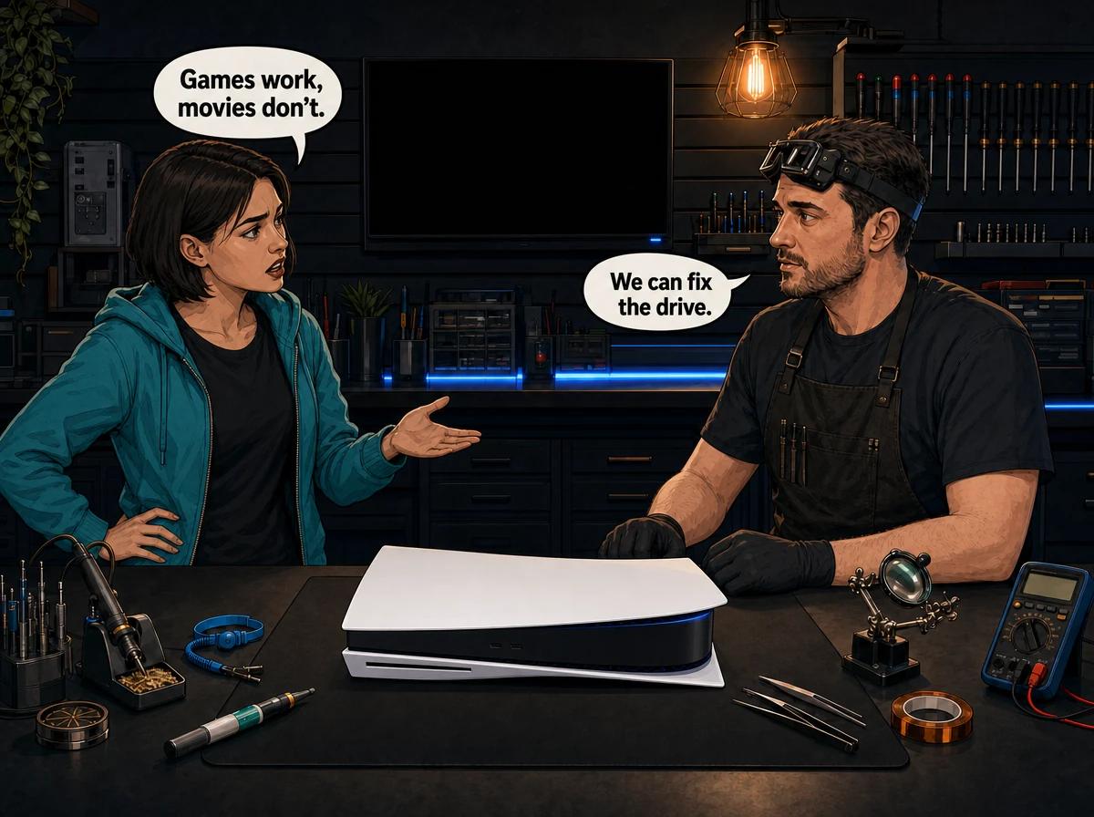 Illustrated graphic-novel scene of a white South African woman in a teal hoodie beside a PS5 lying flat on the repair bench