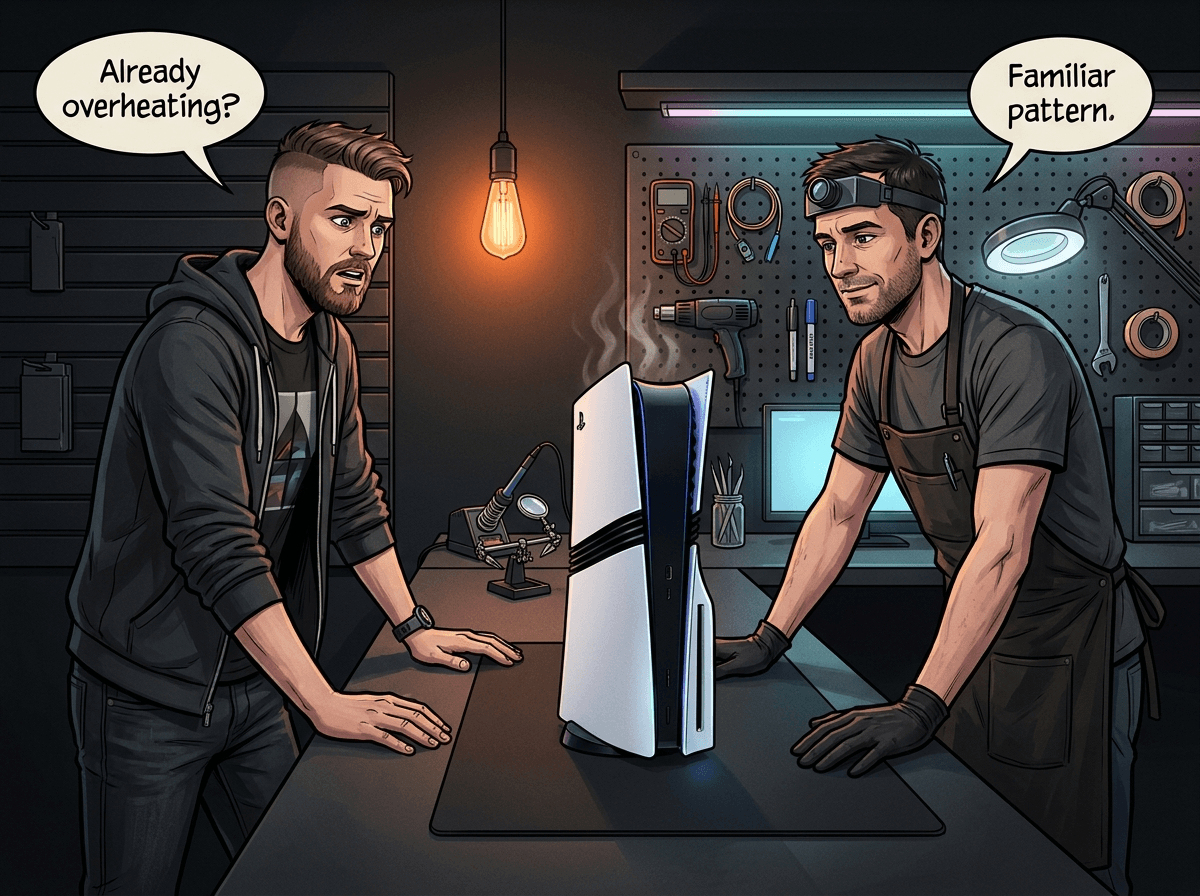 Illustrated graphic-novel scene of a white South African man in his 30s bringing his overheating PS5 Pro to a Console Service Centre technician in a modern repair workshop. Heat shimmer rises from the console. Speech bubbles read 'Already overheating?' and 'Familiar pattern.'