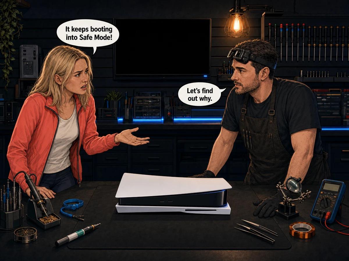 Illustrated graphic-novel scene of a white South African woman with blonde hair in a coral jacket telling a technician her PS5 keeps booting into Safe Mode