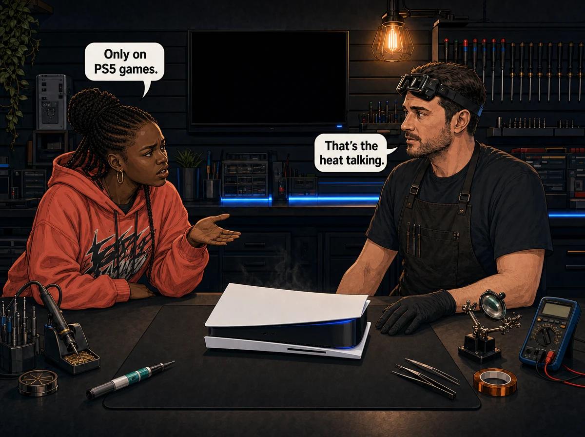 Illustrated graphic-novel scene of a black South African woman gamer and a technician beside a PS5 Disc Edition shedding heat on a repair workshop bench
