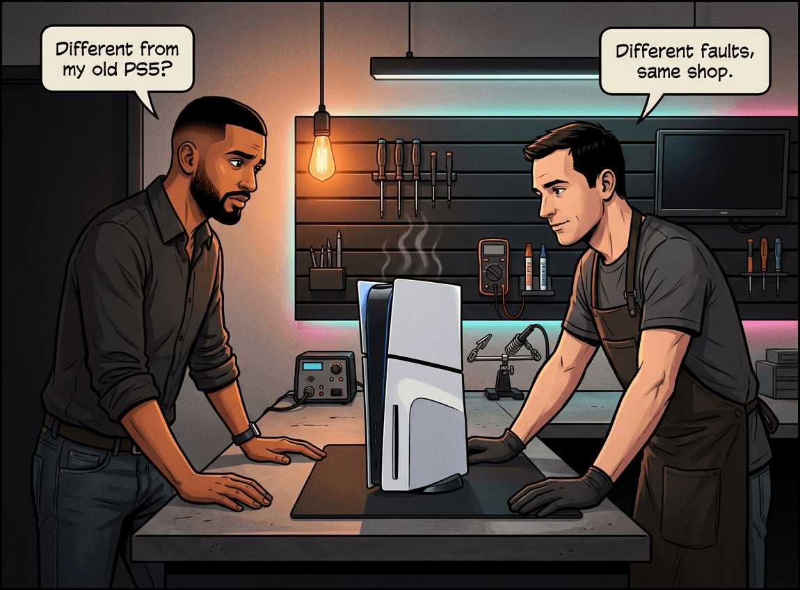 Illustrated graphic-novel scene of an Indian South African man in his early 30s bringing his PS5 Slim to a Console Service Centre technician in a modern repair workshop. The PS5 Slim has its distinctive horizontal seam line on the side panels and shows faint heat shimmer. Speech bubbles read 'Different from my old PS5?' and 'Different faults, same shop.'