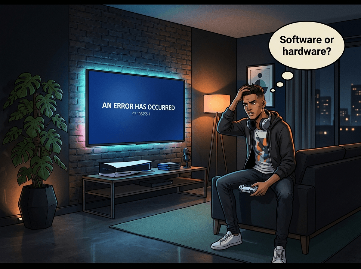 Illustrated graphic-novel scene of a young gamer in a modern Joburg apartment slumped on a couch with a thought bubble reading 'Software or hardware?', staring at a wall-mounted TV showing a PS5 error screen with a horizontal PS5 on the unit below