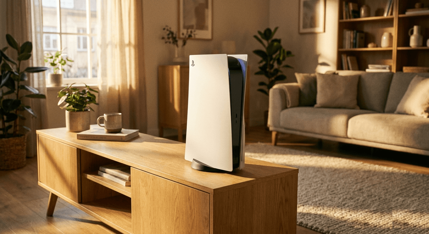 White PS5 disc edition on a light oak TV stand in a warm, sunlit living room