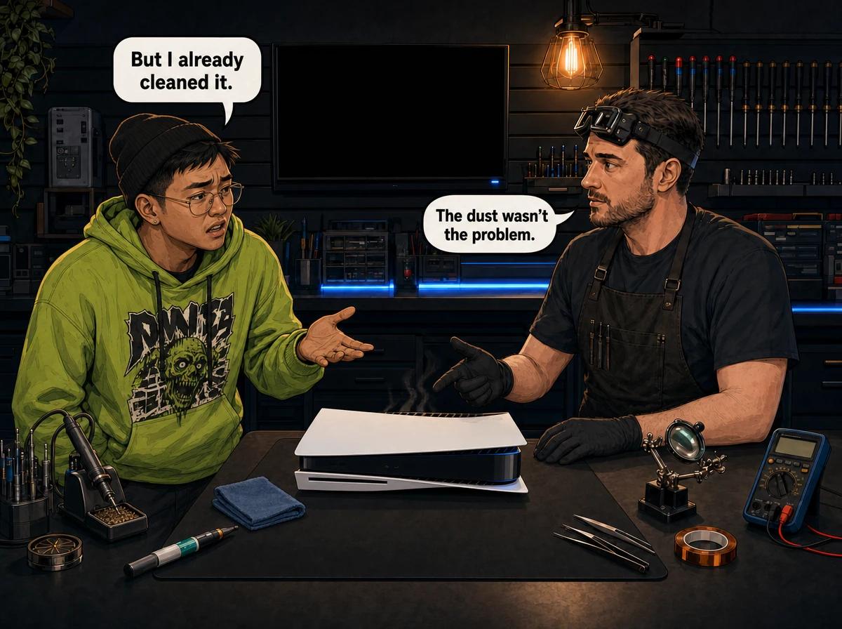 Illustrated graphic-novel scene of an East Asian South African gamer and a technician beside a PS5 Disc Edition still shedding heat after a clean