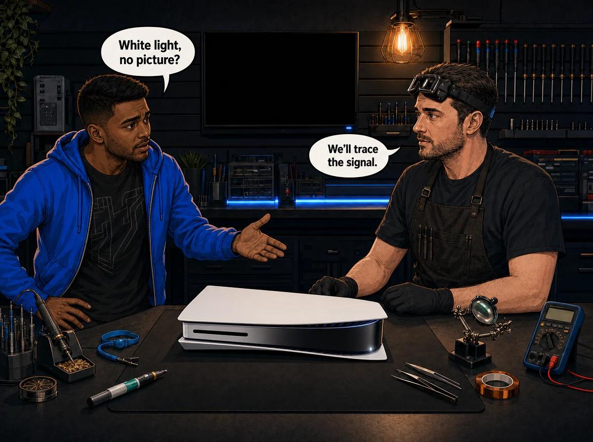 Illustrated graphic-novel scene of an Indian South African man and a technician looking at a PS5 on the workshop bench while the test screen reads NO SIGNAL