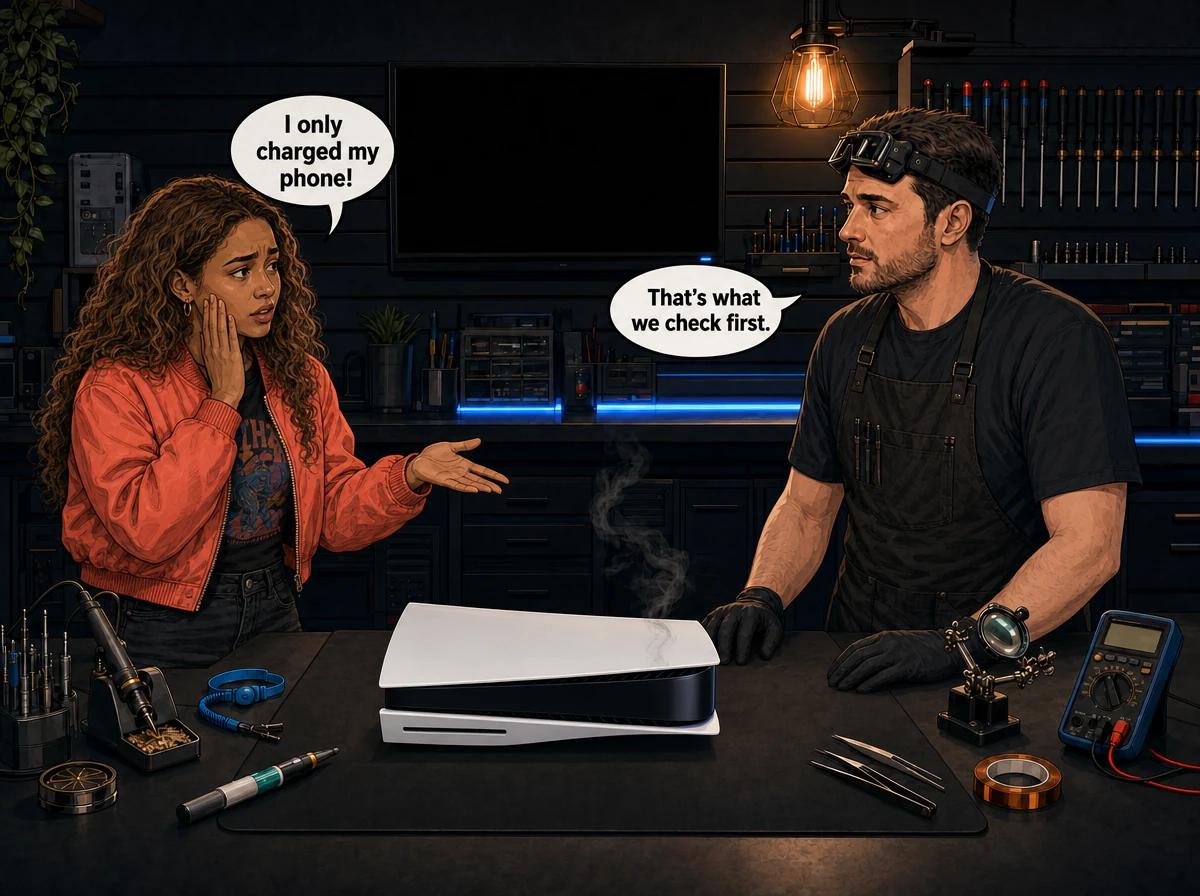 Illustrated graphic-novel scene of a Coloured (mixed-race) South African woman in a coral bomber jacket worrying over a dead PS5 while a technician reassures her