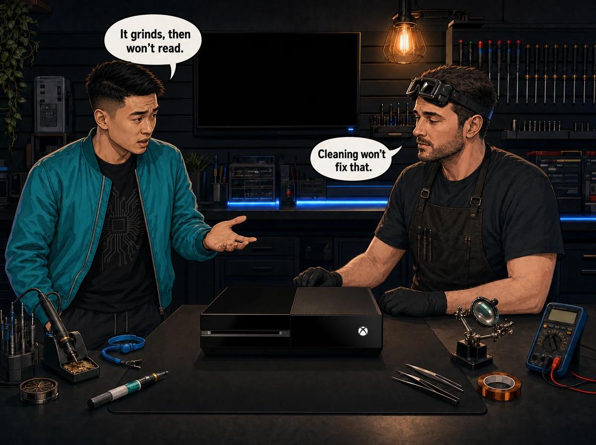 Illustrated graphic-novel scene of a white South African woman in a teal jacket describing her grinding Xbox One to a technician across a workshop bench