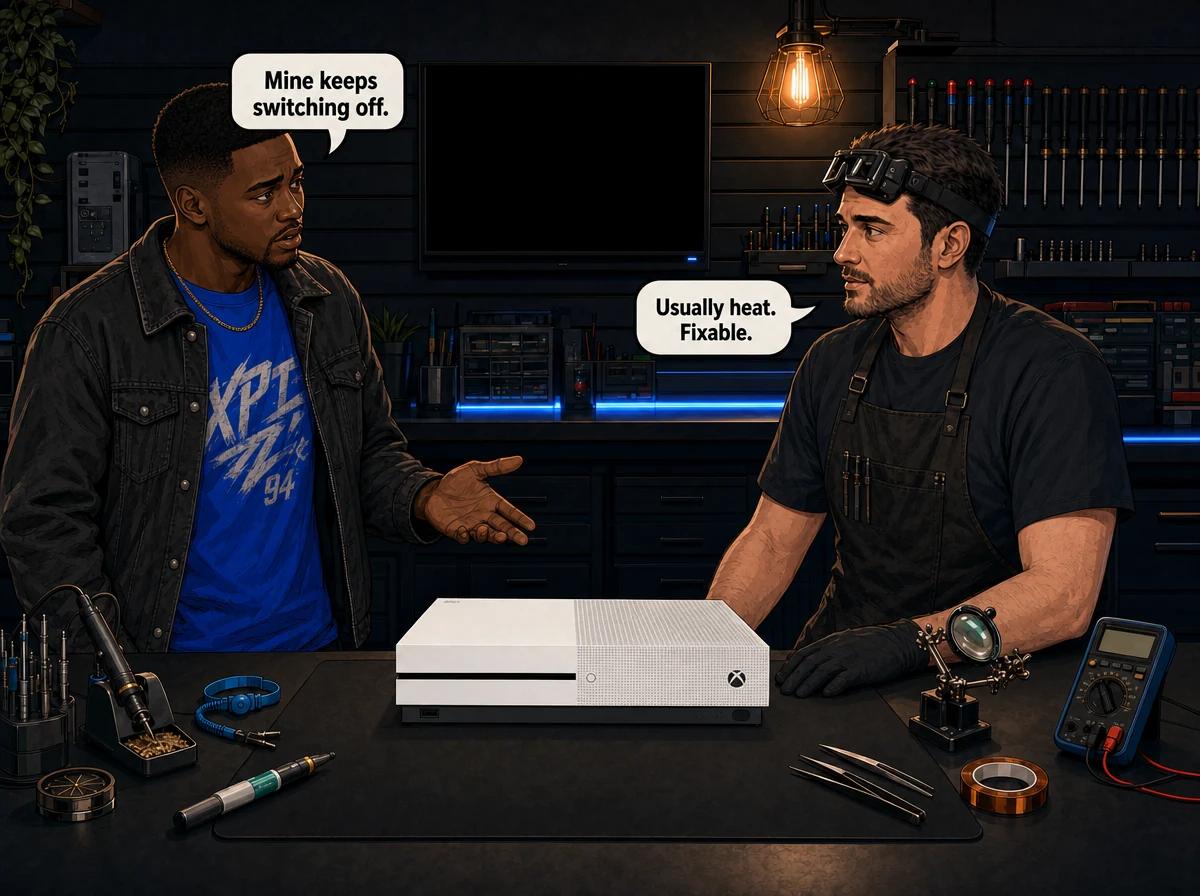 Illustrated graphic-novel scene of a South African gamer and a technician discussing a dusty Xbox One S on the repair workshop bench