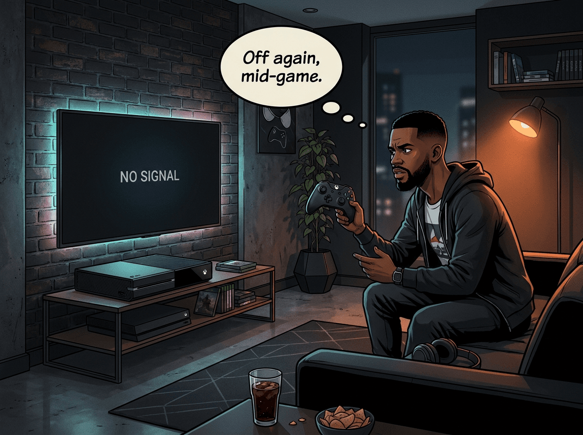 Illustrated graphic-novel scene of a black South African man in his 30s on a modern apartment couch holding an Xbox controller raised in mild gaming-frustration, his Xbox One on the TV unit just shut itself off mid-game with the TV showing NO SIGNAL. Thought bubble reads 'Off again, mid-game.'