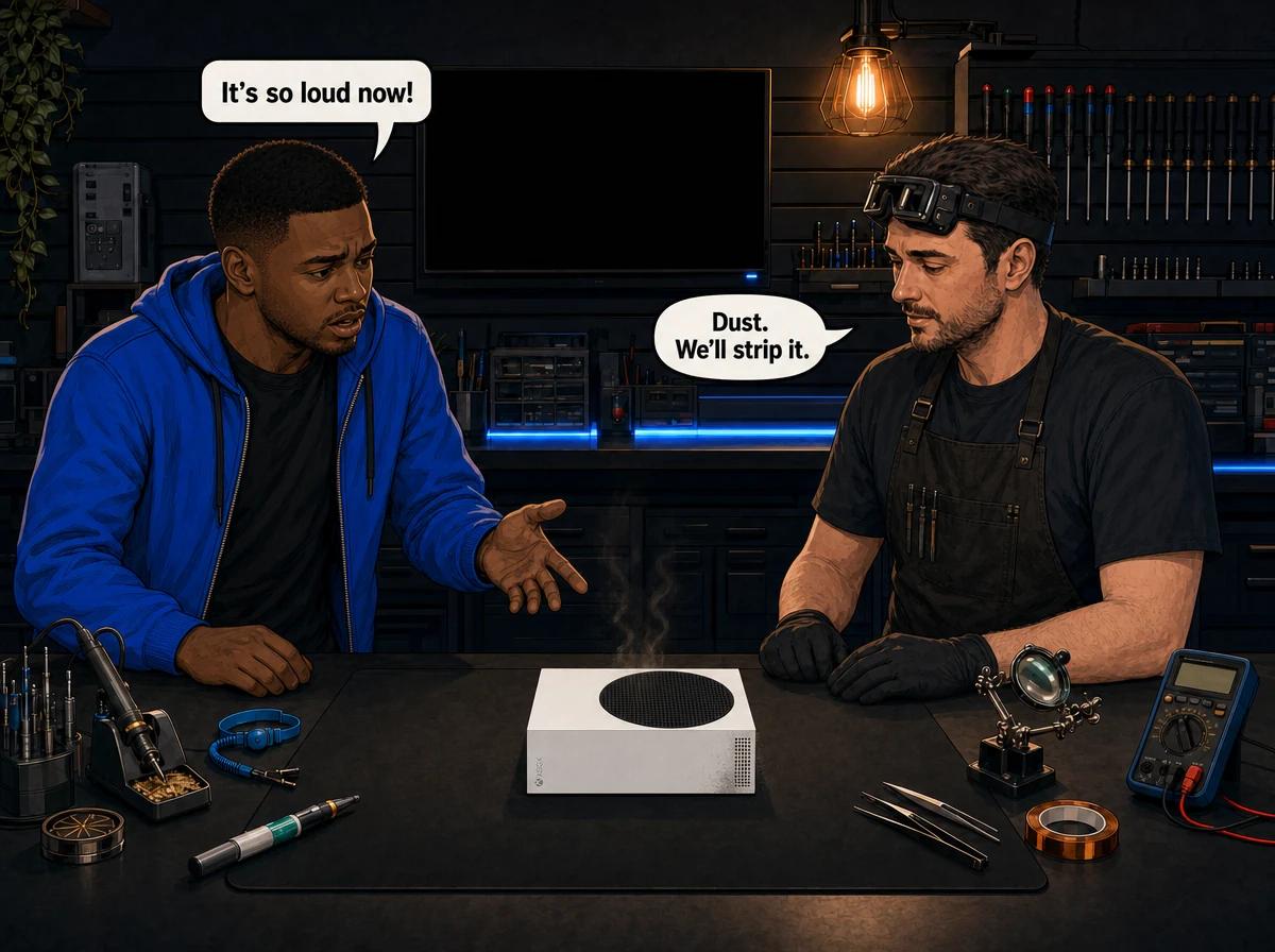 Illustrated graphic-novel scene of a Coloured South African man in a blue hoodie and a technician looking at an Xbox Series S on the workshop bench
