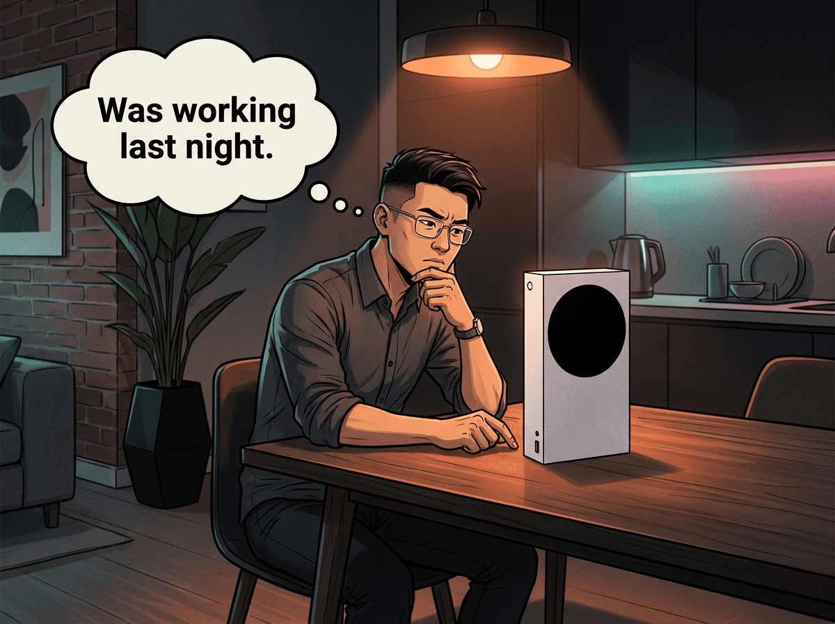 Illustrated graphic-novel scene of an East Asian South African man in his late 20s sitting at his modern studio-apartment dining table, hand on chin in puzzlement, looking at his dead Xbox Series S in front of him. Thought bubble reads 'Was working last night.' Modern open-plan apartment with kitchen LED accents.