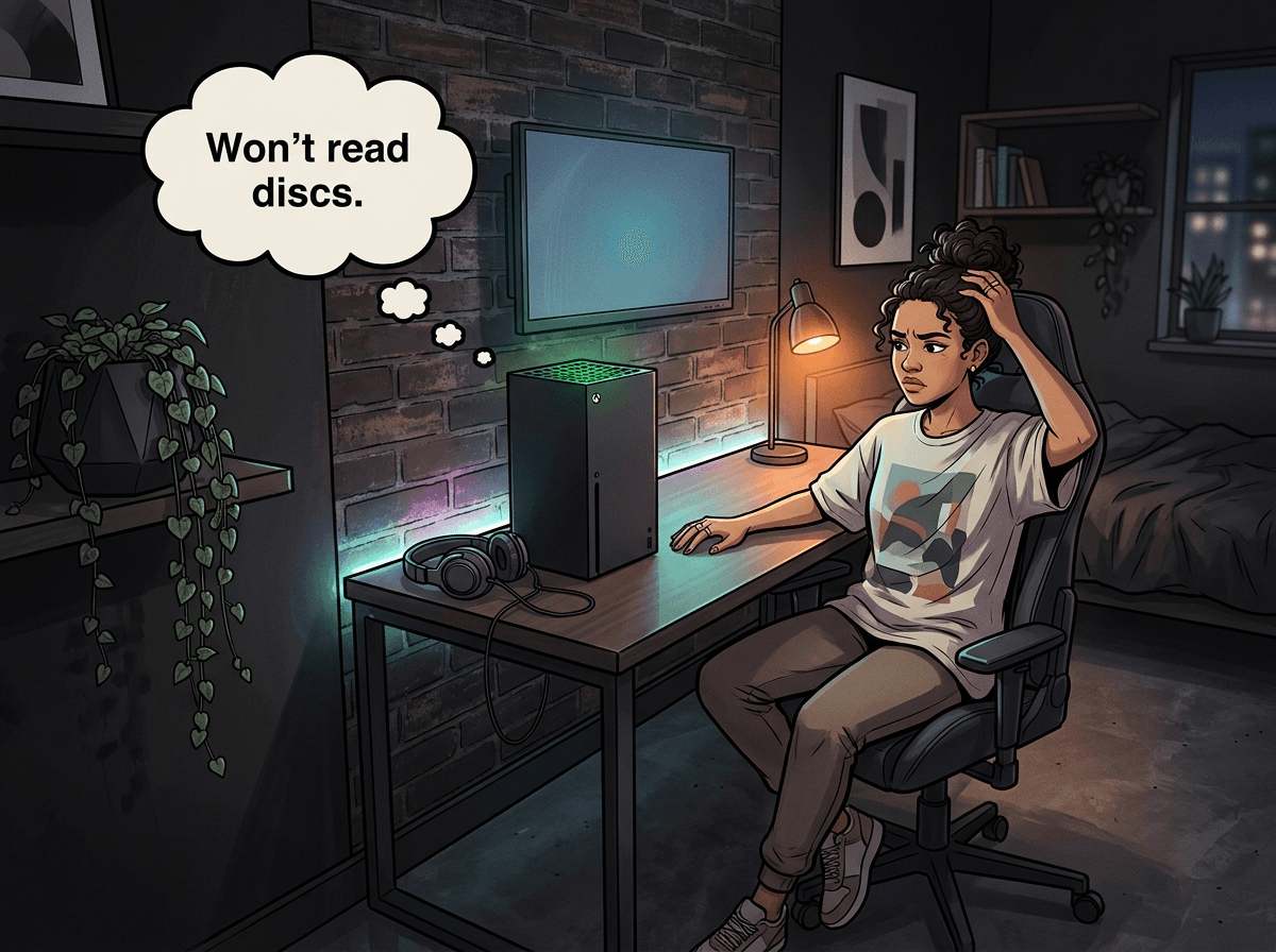 Illustrated graphic-novel scene of a young Coloured South African woman gamer in her bedroom gaming corner at night, sitting at a sleek desk with an Xbox Series X, hand to her hair in mild frustration. Thought bubble reads 'Won't read discs.' Modern apartment with RGB LED accents.