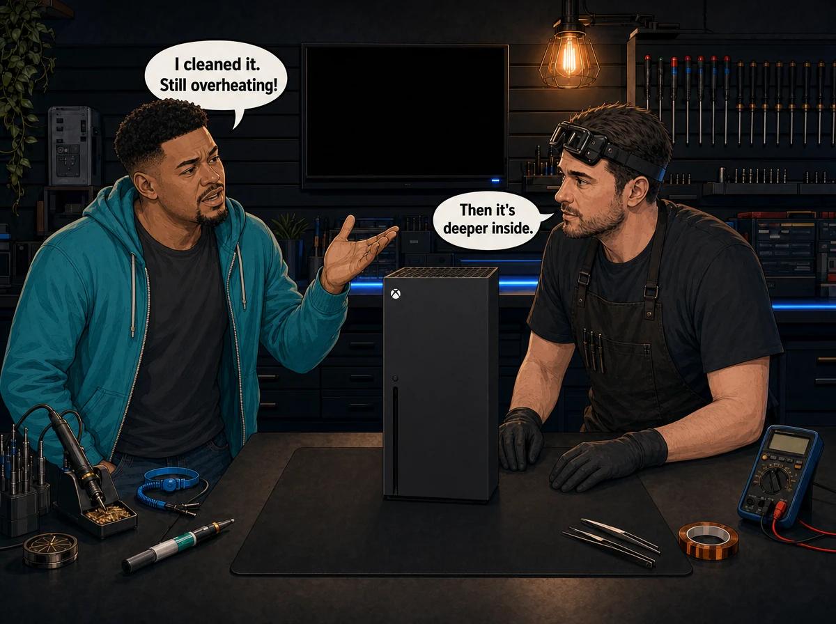Illustrated graphic-novel scene of a Coloured (mixed-race) South African man in a teal hoodie telling a technician his cleaned Xbox Series X still overheats