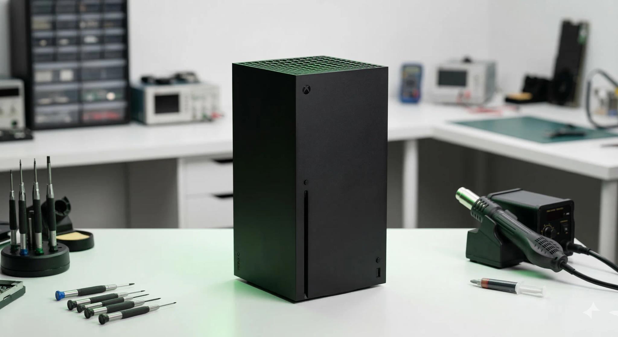 Xbox Series X console standing on a professional repair workbench with precision tools and a hot air rework station in an electronics workshop