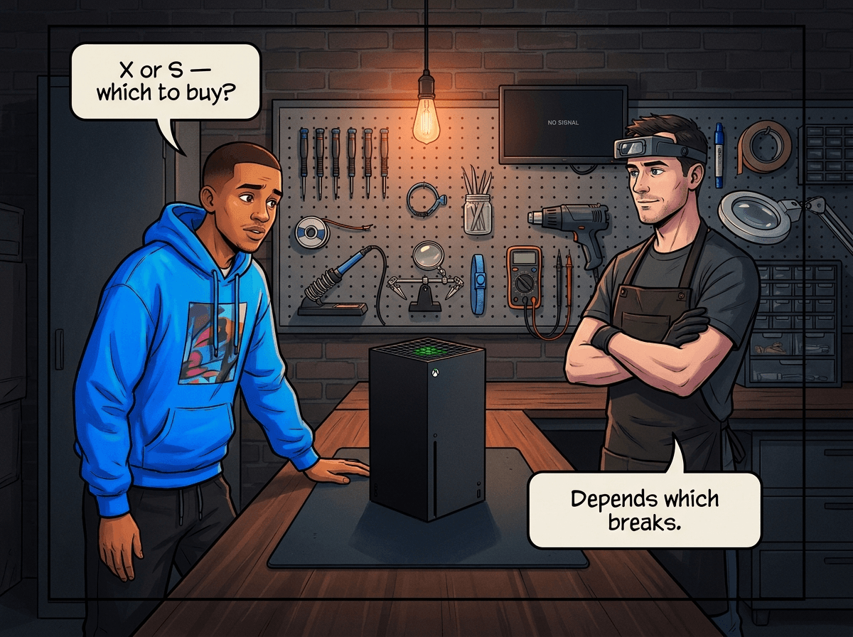 Illustrated graphic-novel scene of a young Coloured South African man in his late 20s wearing a bright electric-blue hoodie at a modern repair workshop bench, looking thoughtfully at an Xbox Series X console between him and the recurring white male technician in a dark apron. Customer speech bubble reads: 'X or S — which to buy?' Tech speech bubble reads: 'Depends which breaks.'
