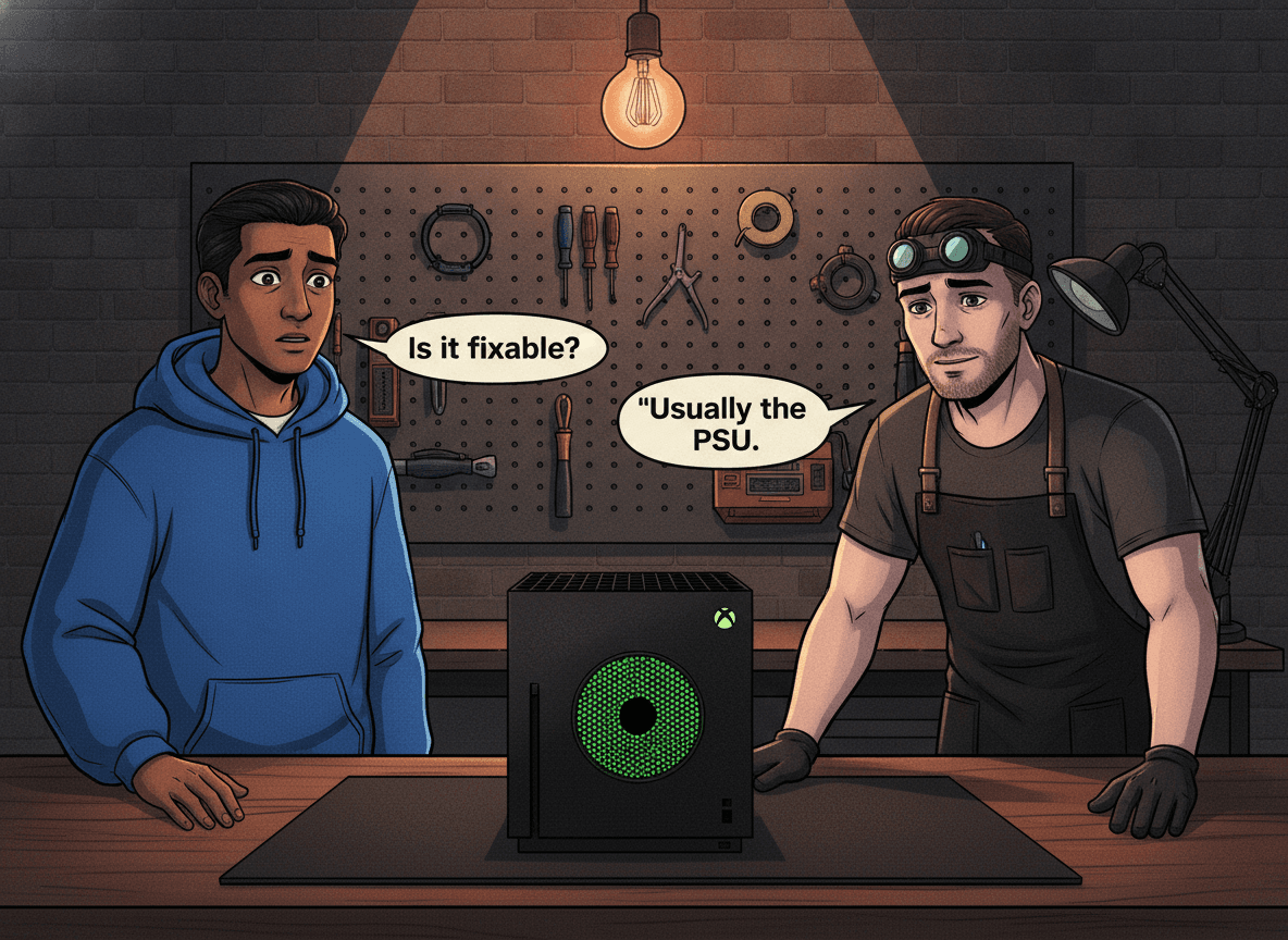 Illustrated graphic-novel scene of an Indian SA male gamer in an electric blue hoodie placing a dead Xbox Series X on the repair workshop bench; tech in dark apron leans in to inspect it; speech bubbles read 'Is it fixable?' and 'Usually the PSU.'
