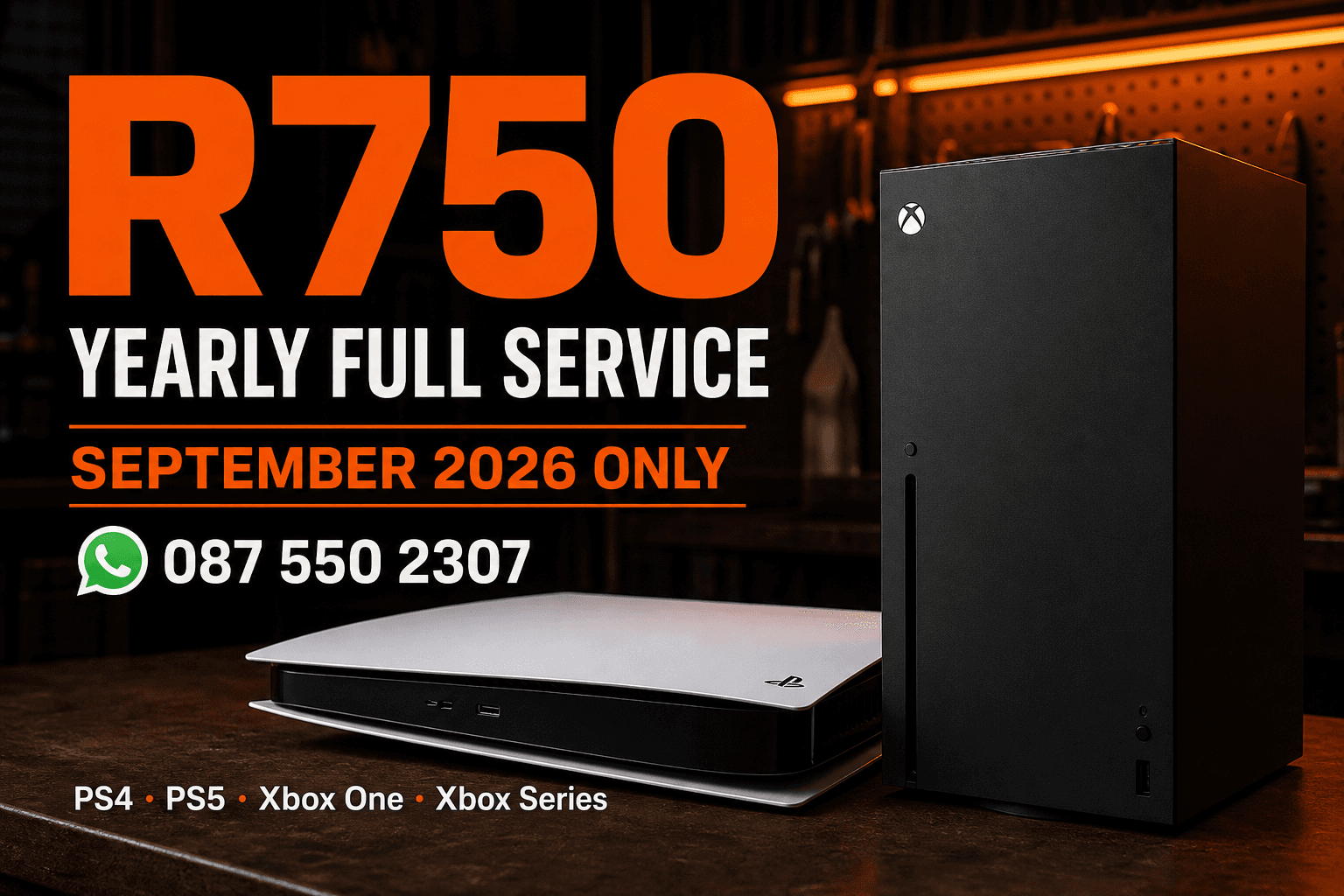 A PlayStation 5 lying flat (horizontal) on the bench next to a standing Xbox Series X at Console Service Centre in Boksburg
