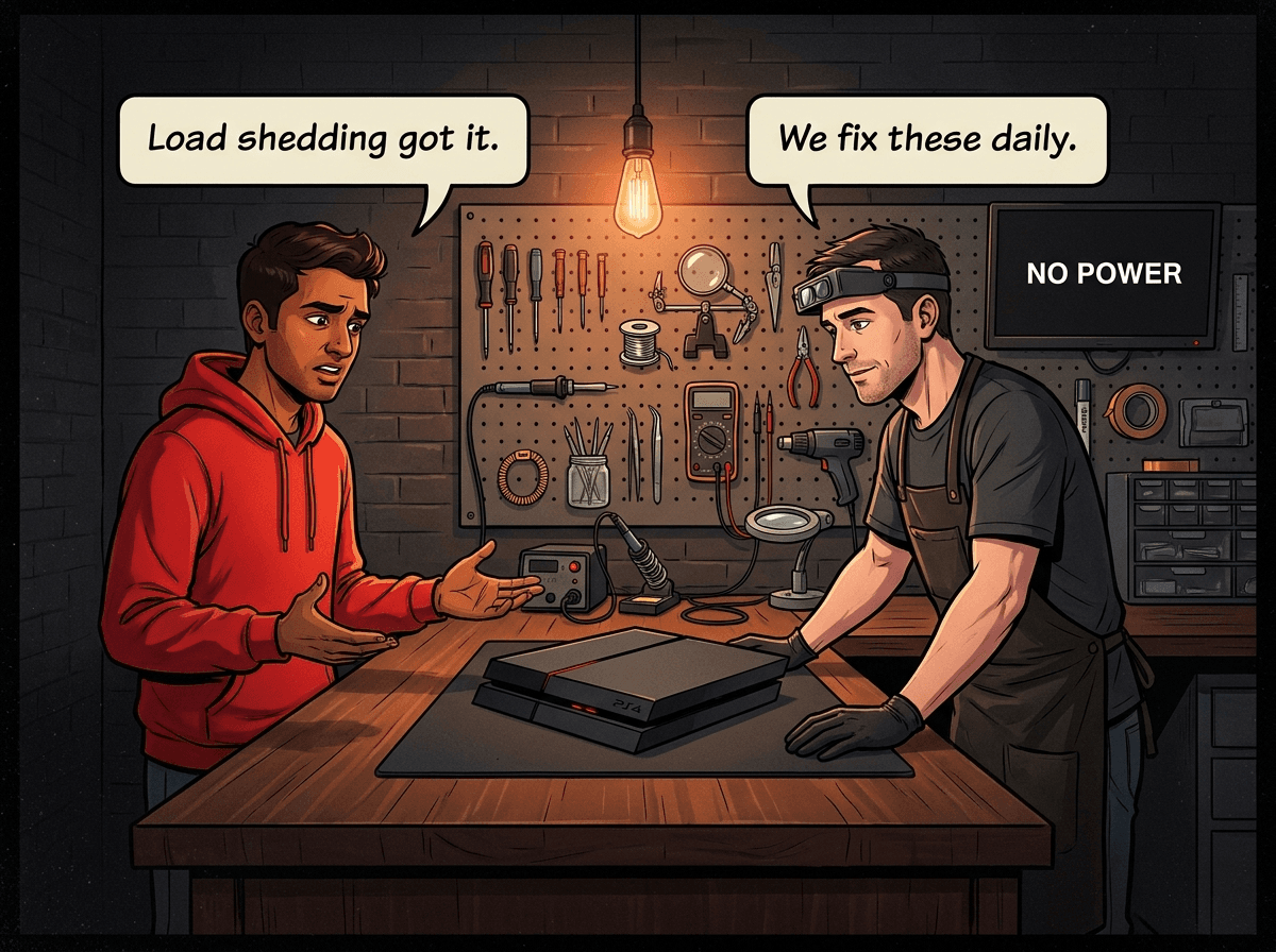 Illustrated graphic-novel scene of a young Indian South African man in his early 30s in a bold red hoodie standing at a modern repair workshop bench, looking concerned at a PS4 in front of him. The recurring white male technician in dark apron examines it. Customer speech bubble reads: 'Load shedding got it.' Tech speech bubble reads: 'We fix these daily.'