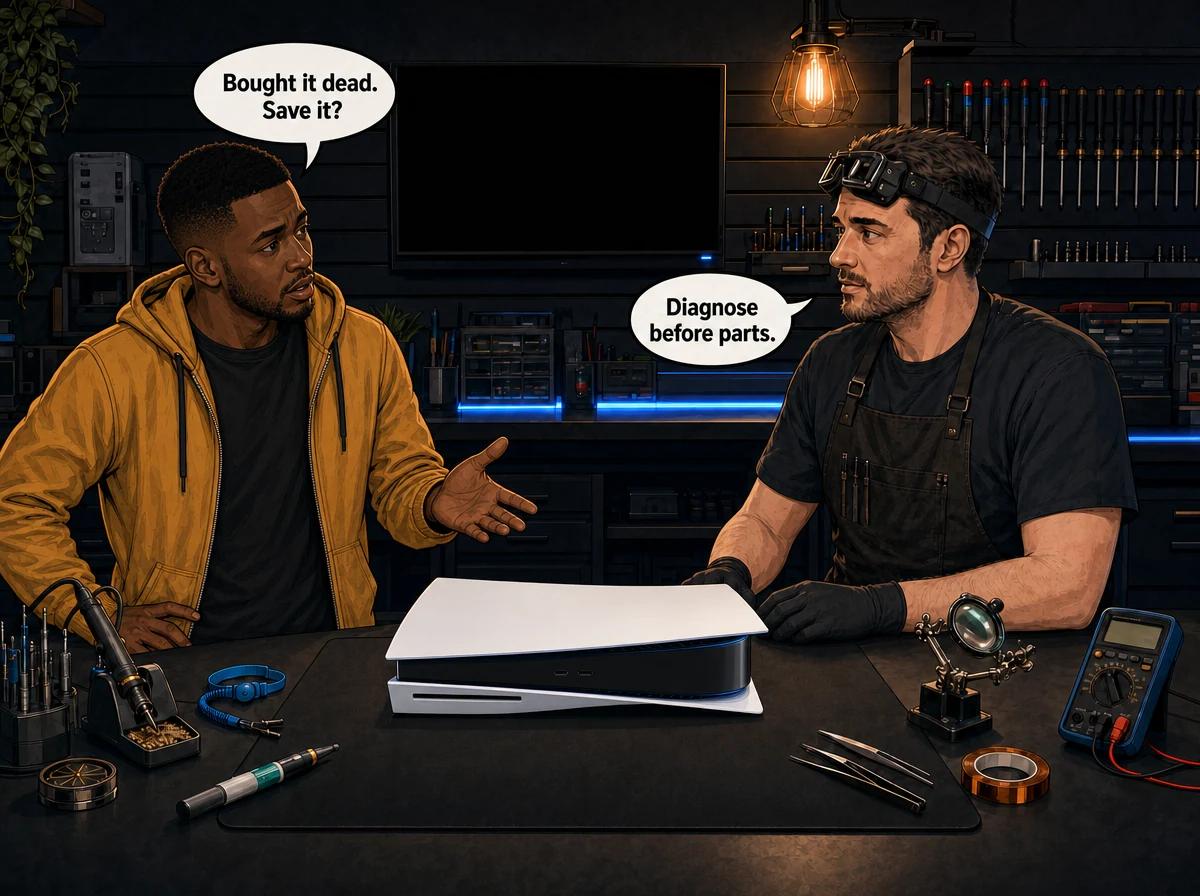Illustrated graphic-novel scene of a black South African man in a mustard hoodie beside a PS5 lying flat on the repair bench