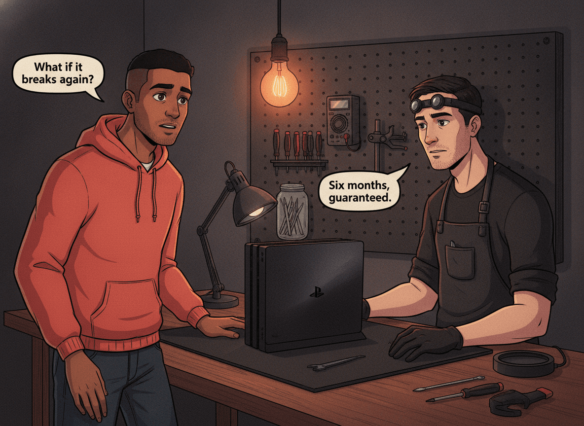 Illustrated graphic-novel scene of an Indian South African man in his late 20s wearing a bright coral hoodie, leaning over a PS4 Slim on a modern dark repair workbench, the white male technician opposite him. Customer speech bubble reads: 'What if it breaks again?' Tech speech bubble reads: 'Six months, guaranteed.'
